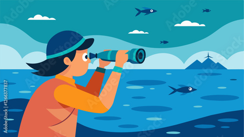 With binoculars in hand the freelancer scans the vast expanse of the ocean searching for the telltale signs of a school of fish.. Vector illustration