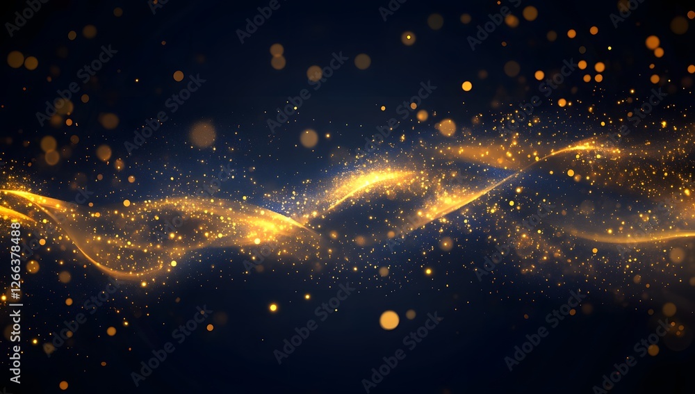 Naklejka premium Golden swirling particles on dark background; abstract design for luxury, awards, or celebrations