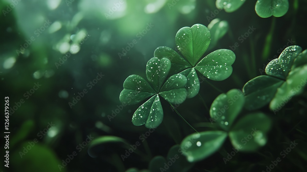 St. Patrick's Day Close-up of a four-leaf clover with water droplets on dark green leaves, nature macro photography

