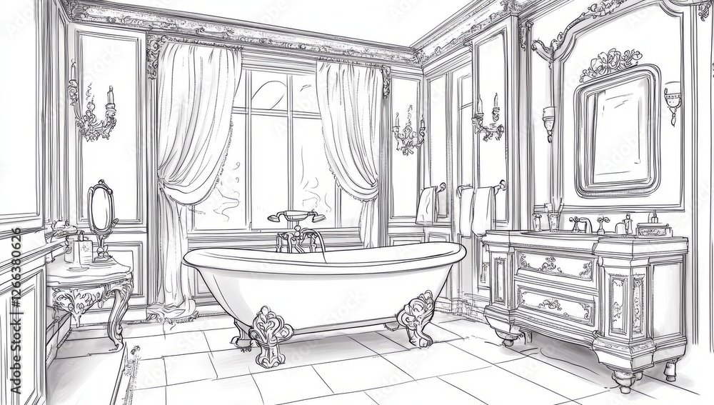 An elegant line art drawing of an antique-style bathroom with vintage decor, featuring intricate details like ornate fixtures and a freestanding tub. An elegant line art drawing of an antique-style bathroom with vintage decor, featuring intricate details like ornate fixtures and a freestanding tub.