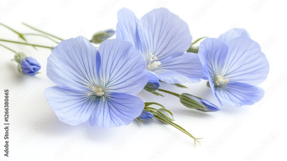 Fototapeta premium Close-up of delicate light blue flax flowers and buds on white background.