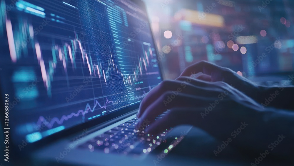 Close-up of hands typing on laptop displaying stock market data at night. (1) Close-up of hands typing on laptop displaying stock market data at night. (1)