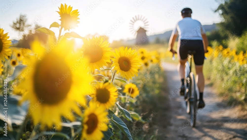 Fototapeta premium Cyclist rides past sunflowers towards a windmill at sunset.