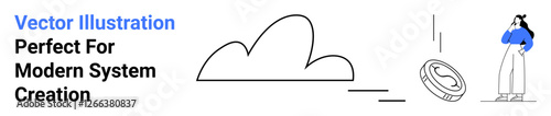 Woman examining cloud shape, falling coin, and minimalistic abstract designs. Ideal for fintech, cloud computing, digital transformation, modern economy, investment solutions, analytics flat landing