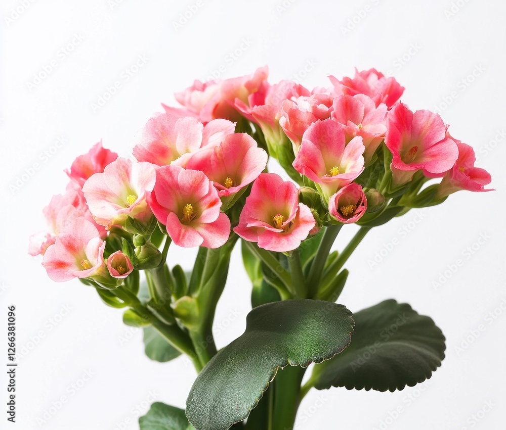 Close-up of a cluster of vibrant pink kalanchoe flowers with green leaves against a white background. Close-up of a cluster of vibrant pink kalanchoe flowers with green leaves against a white background.