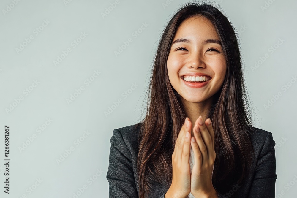 Happy young Asian businesswoman with hands clasped, smiling broadly against a light gray background. Happy young Asian businesswoman with hands clasped, smiling broadly against a light gray background.