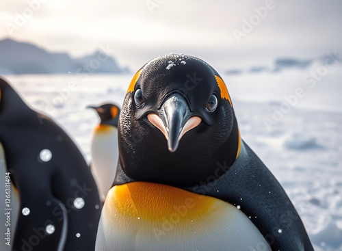 an image of a penguin with a heart shaped beak standing in the snow, there is a penguin that is standing in the snow with other penguins photo