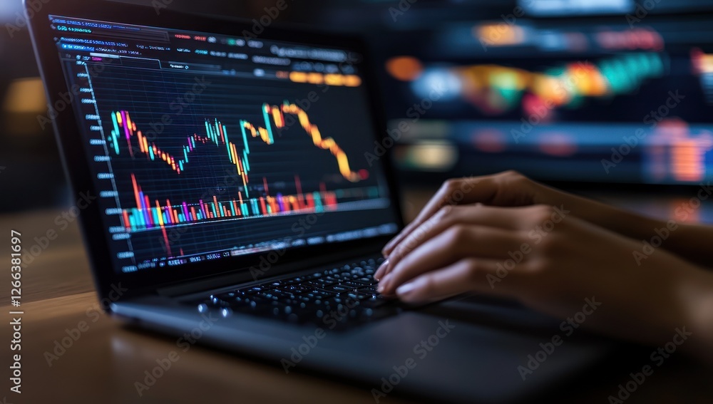 Close-up of hands on laptop analyzing stock market charts at night. Close-up of hands on laptop analyzing stock market charts at night.