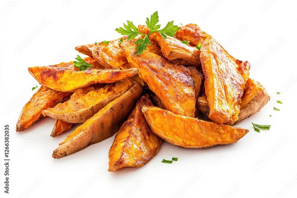 Pile of roasted sweet potato wedges garnished with parsley on white background. Pile of roasted sweet potato wedges garnished with parsley on white background.