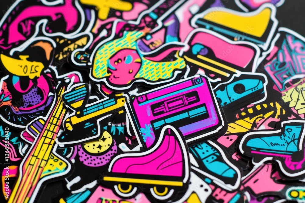 Retro sticker designs featuring roller skates, cassette tapes, electric guitars, and bold graffiti typography in vibrant colors. Generative AI Retro sticker designs featuring roller skates, cassette tapes, electric guitars, and bold graffiti typography in vibrant colors. Generative AI