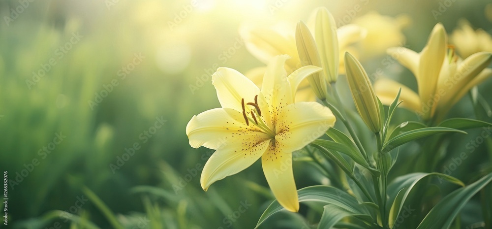Close-up of pale yellow lilies in a garden, illuminated by sunlight. Close-up of pale yellow lilies in a garden, illuminated by sunlight.