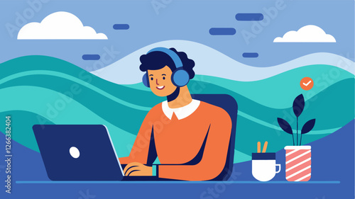 With the sound of gentle waves in the background a remote worker sits at their desk taking conference calls on their phone.. Vector illustration