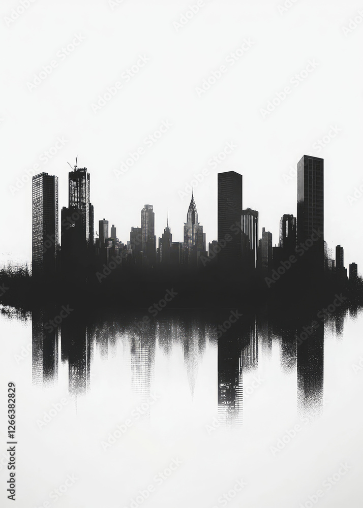 Fototapeta premium Black and white cityscape with reflection in water