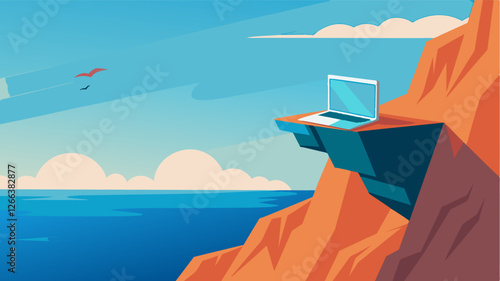 The wind whips through a small laptop p near the edge of a craggy cliff offering a stunning view of the oceans beauty.. Vector illustration