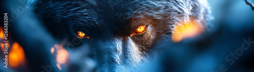 A captivating close-up of a wolf with piercing amber eyes, showcasing its wild beauty in a mystical, blue-toned environment that highlights the sharp contrasts in nature. photo