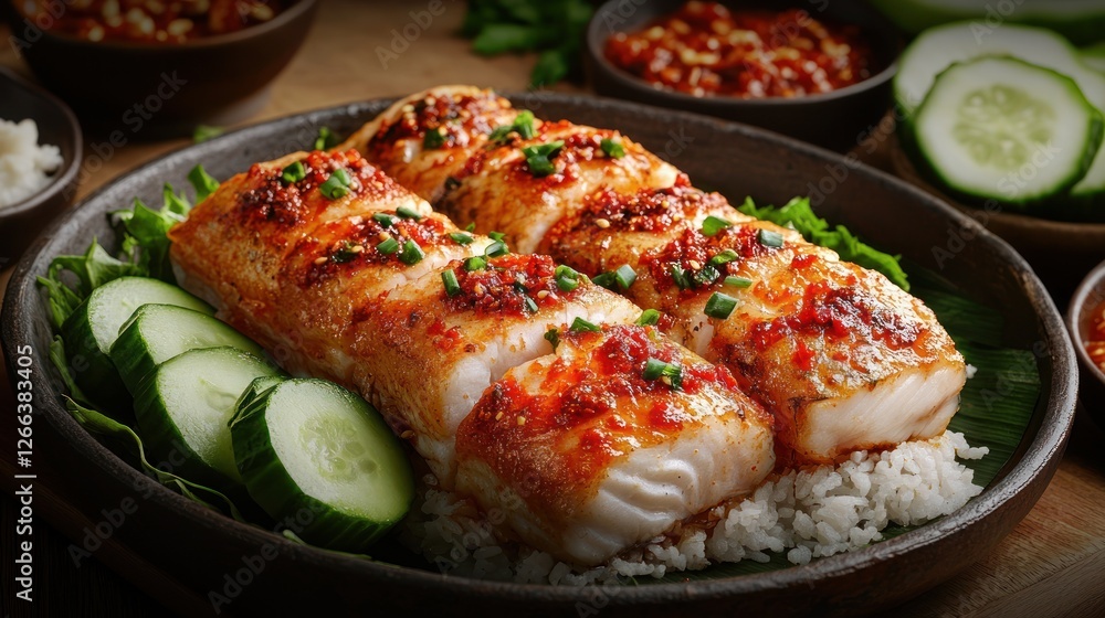 Grilled Fish with Rice, Cucumber, and Sauces on a Plate Grilled Fish with Rice, Cucumber, and Sauces on a Plate
