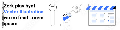 Text with placeholder text, large wrench, character fixing settings icon, and webpage. Ideal for tech support, e-commerce, web services, maintenance hosting online business digital tools. Landing