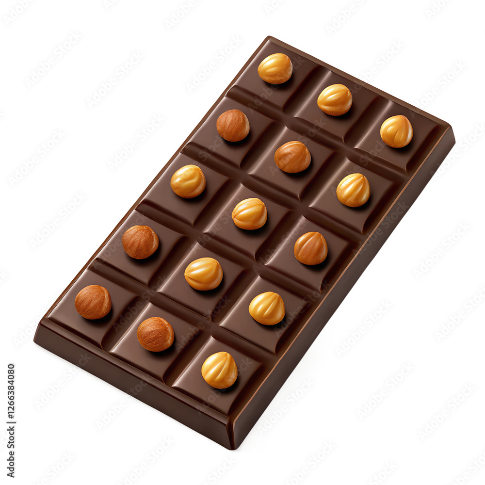 a bar of dark chocolate with whole hazelnuts, showcasing a delicious treat. The chocolate is smooth and rich, while the hazelnuts add a delightful crunch a bar of dark chocolate with whole hazelnuts, showcasing a delicious treat. The chocolate is smooth and rich, while the hazelnuts add a delightful crunch