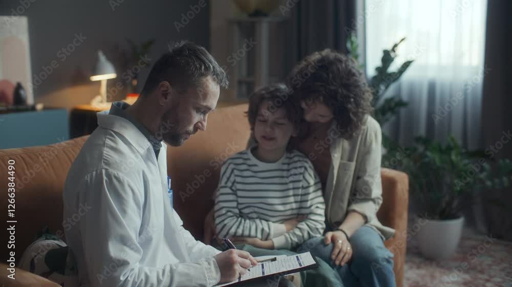 Male pediatrician writing down notes and discussing symptoms with little patient and his mother sitting on sofa during home medical consultation in cozy living room Male pediatrician writing down notes and discussing symptoms with little patient and his mother sitting on sofa during home medical consultation in cozy living room