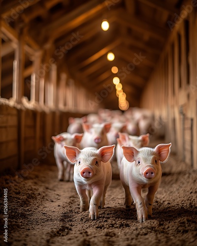 A clean and modern pig farm with piglets playing in a spacious pen, under soft natural lighting. The well-organized scene allows for branding and commercial use