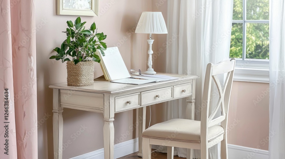 Fototapeta premium Pastel-toned bedroom desk with papers, plant, and lamp, near window, interior scene
