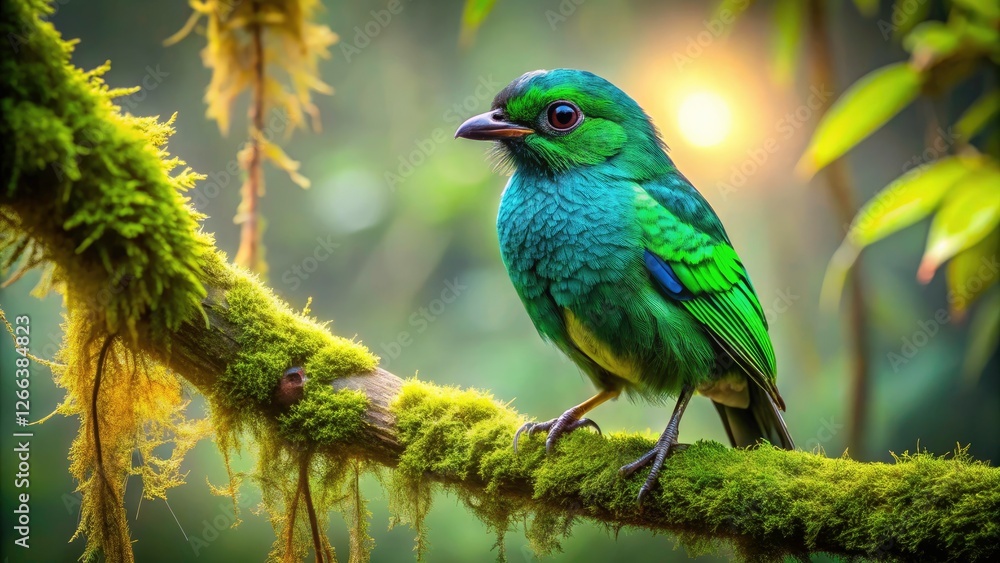 Fototapeta premium Architectural lines frame an iridescent emerald bird, perched on mossy branch.