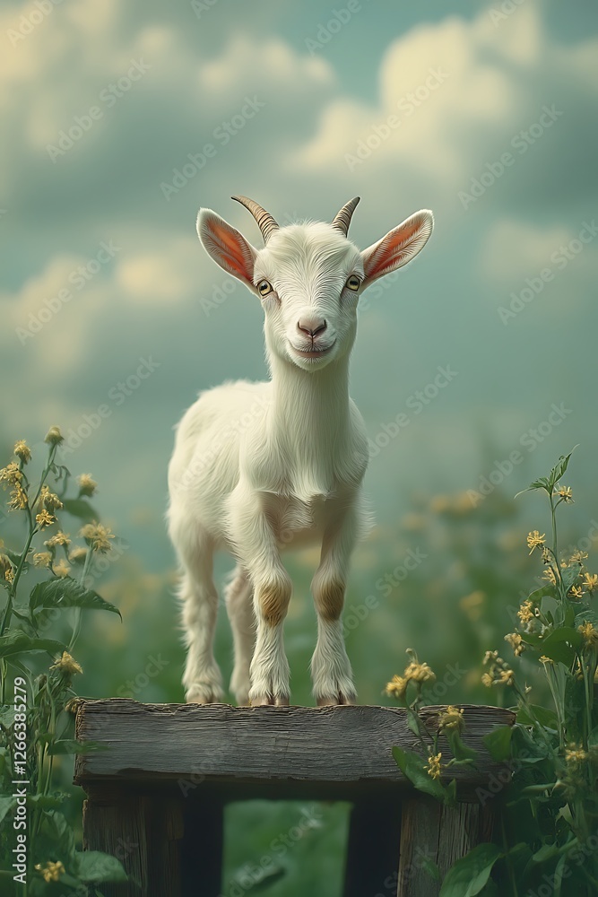 Obraz premium A young goat standing on a wooden platform in a green pasture, looking playful and energetic. The open sky and blurred background leave space for text overlays