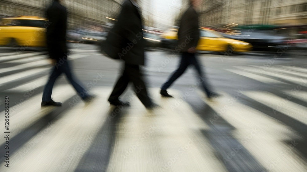 Busy city street scene with pedestrians crossing at a zebra crossing, yellow taxis in the background, capturing urban life dynamics Busy city street scene with pedestrians crossing at a zebra crossing, yellow taxis in the background, capturing urban life dynamics