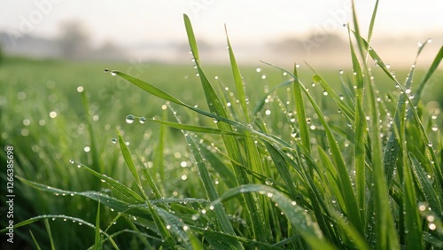 Fresh green blades of grass glisten with dewdrops in the morning light