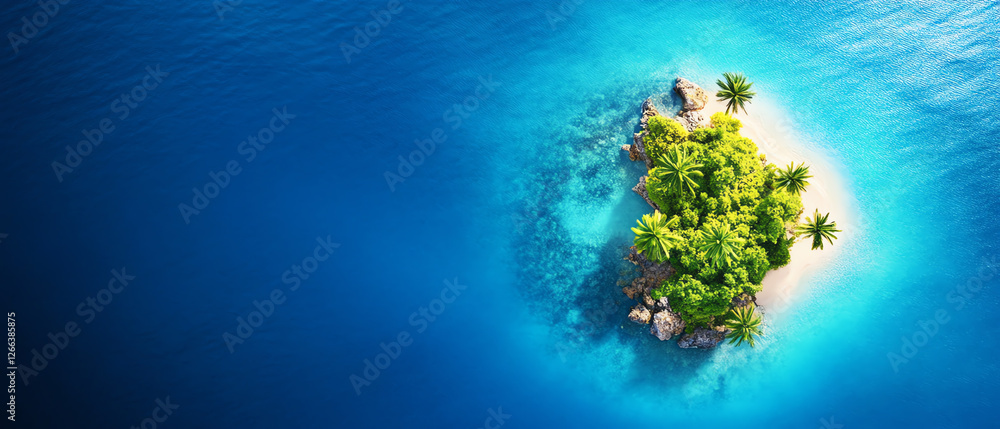 Aerial view of a tropical island surrounded by crystal-clear blue waters, featuring lush greenery and palm trees, ideal for vacation themes, nature exploration, and travel promotio Aerial view of a tropical island surrounded by crystal-clear blue waters, featuring lush greenery and palm trees, ideal for vacation themes, nature exploration, and travel promotio