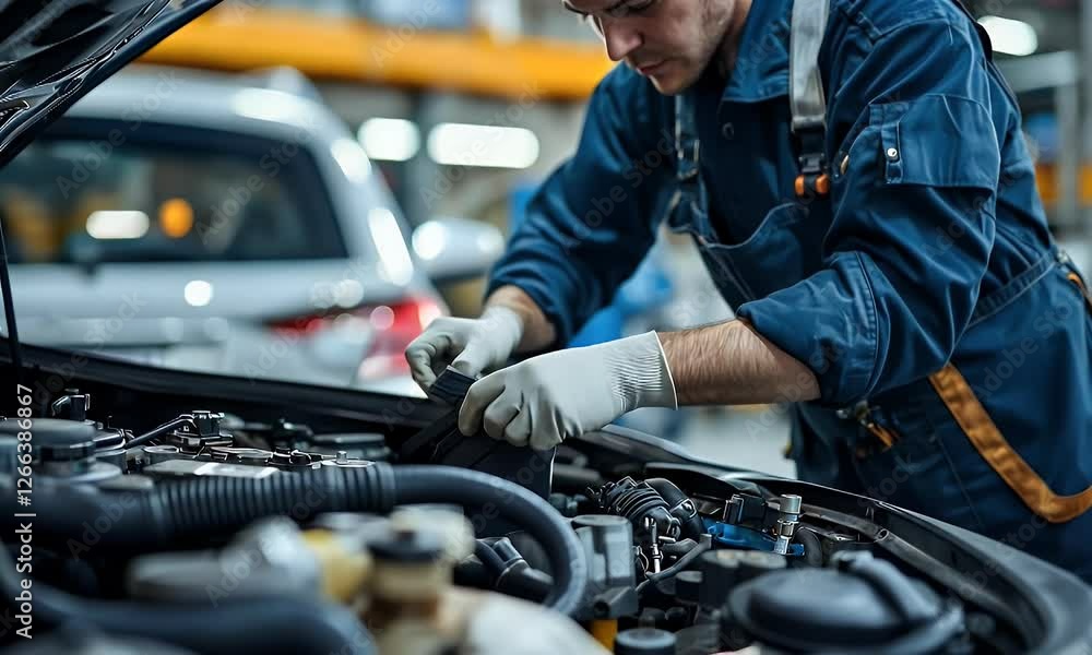 Mechanic repairing car engine in garage Mechanic repairing car engine in garage
