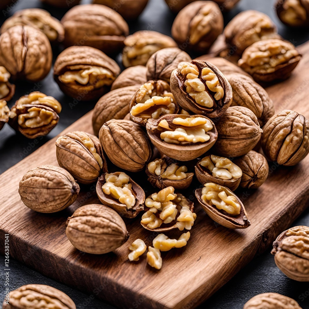 Handful of raw walnuts on a wooden board, packed with omega-3 for liver support Handful of raw walnuts on a wooden board, packed with omega-3 for liver support