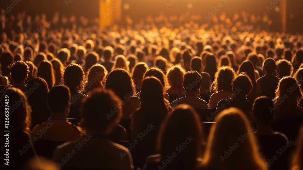 Obraz premium A captivated audience watches a live performance in a dimly lit theater, with warm lighting enhancing the atmosphere and engagement