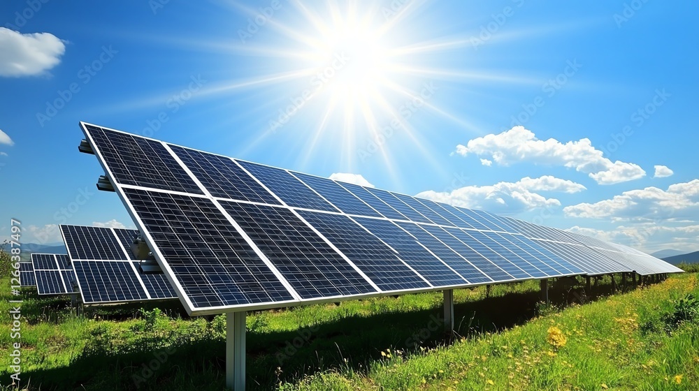 Bright Sun Shining Over Solar Panels in a Green Field Near a Sustainable Energy Site