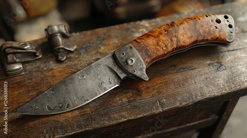 Handcrafted damascus knife on aged workbench, with tools in background.  Possible use  gift, display photo