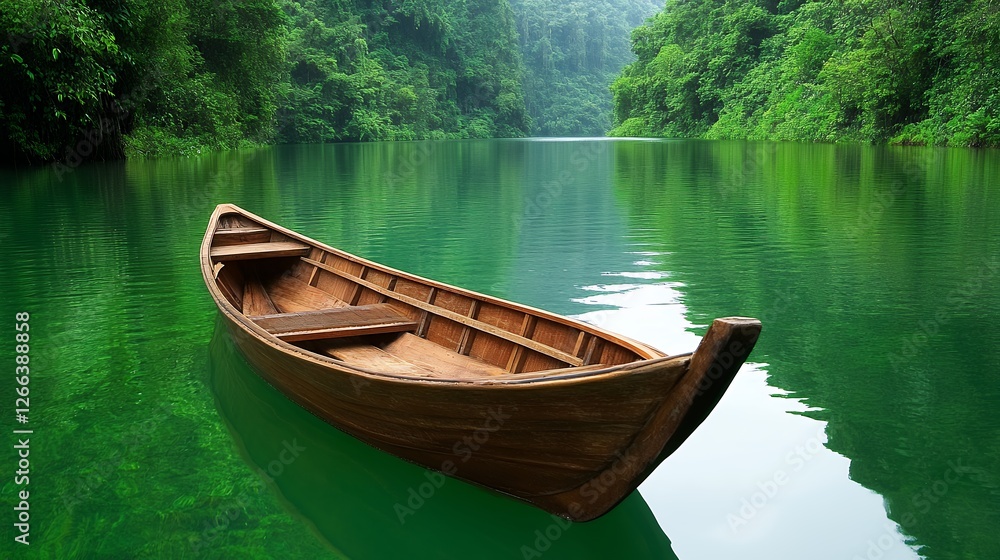 Wooden Rowboat On Emerald Green Lake In Lush Jungle Wooden Rowboat On Emerald Green Lake In Lush Jungle