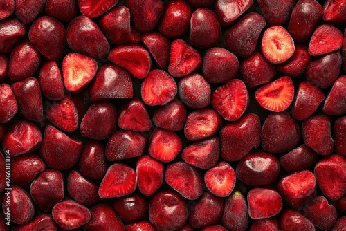 Close up of frozen strawberries as background, top view. Stack of frozen strawberries. with generative ai