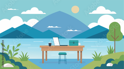 With no distractions in sight the freelancers lakeside desk served as a peaceful sanctuary to focus on their work.. Vector illustration