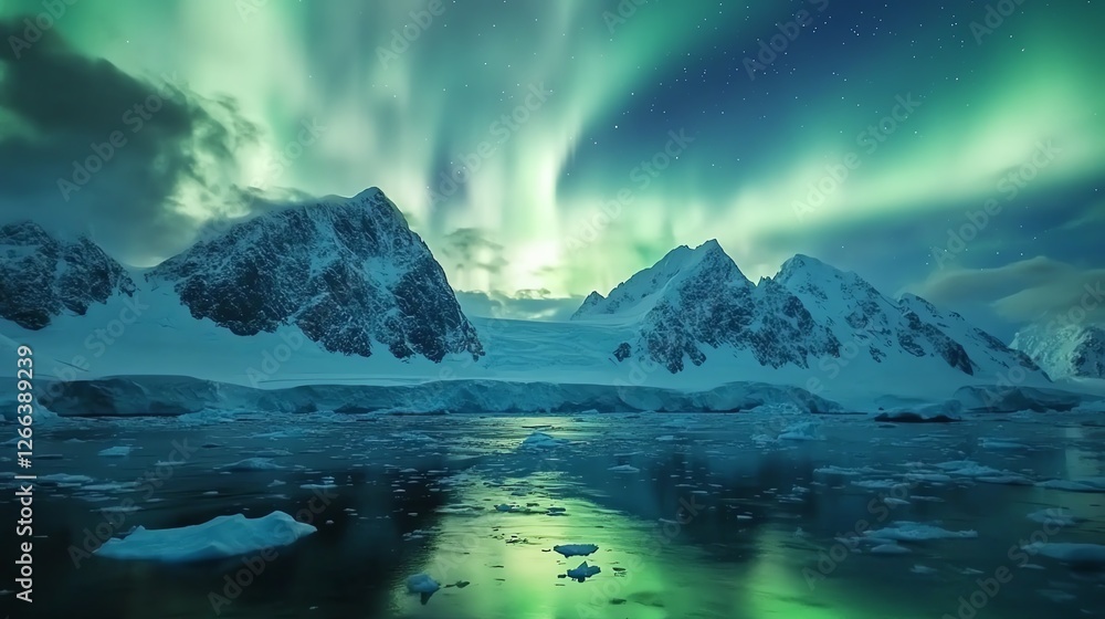 Mesmerizing Northern Lights Illuminate Rugged Mountains and Icy Waters in a Remote Arctic Landscape Mesmerizing Northern Lights Illuminate Rugged Mountains and Icy Waters in a Remote Arctic Landscape