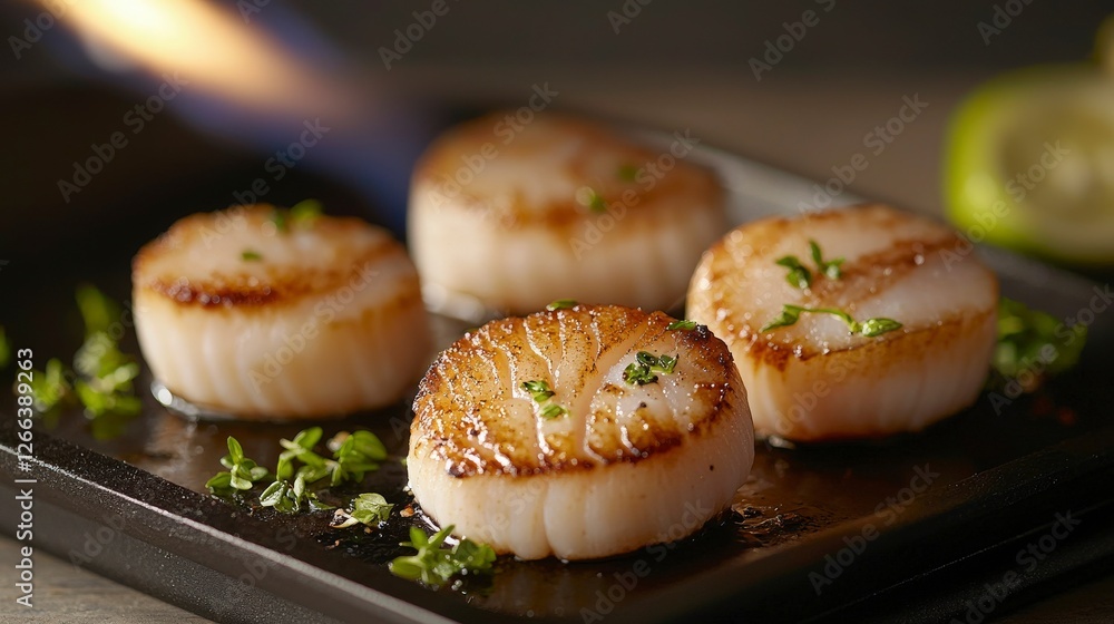 Seared Scallops with Herbs on a Hot Plate Seared Scallops with Herbs on a Hot Plate