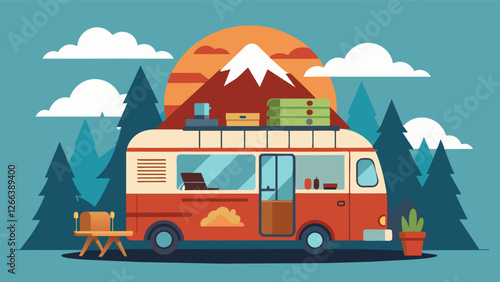 Working remotely has never been more adventurous as seen in this camper van turned office on wheels with panoramic views of changing landscapes.. Vector illustration