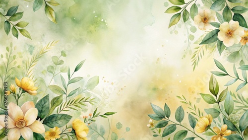 Serene Watercolor Floral Border Design Featuring Delicate Yellow Blooms and Lush Green Foliage, Perfect for Elegant Invitations or Artistic Prints
