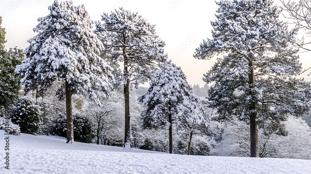 Fototapeta premium Snowy park trees, winter sunrise