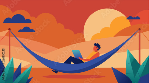 With the sun setting in the background a person reclines in a hammock taking advantage of the last rays of daylight to finish up some work.. Vector illustration