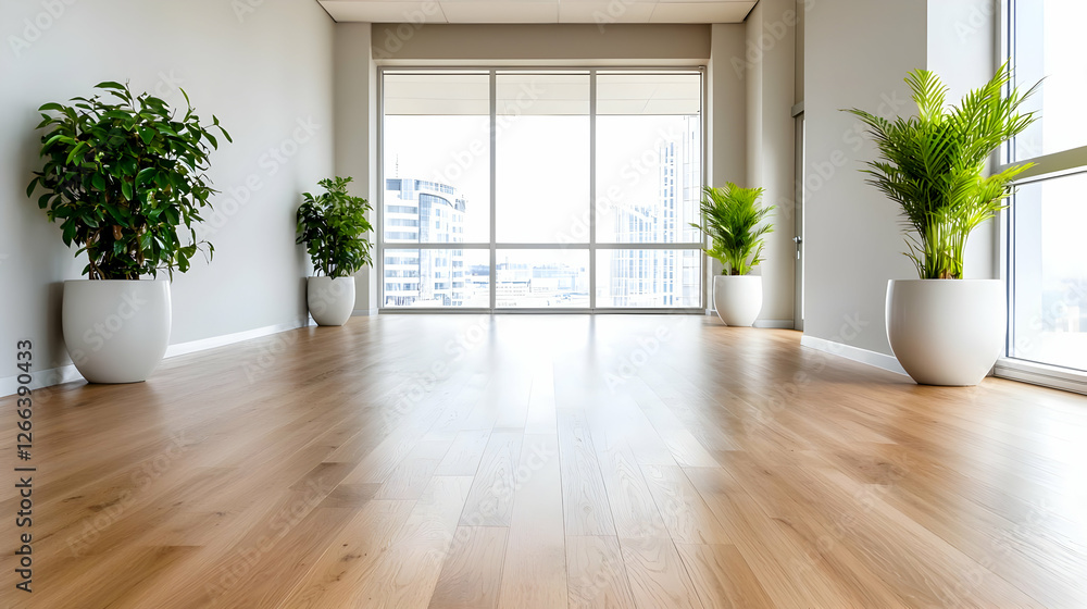 Modern office space with city view, plants, hardwood floor Modern office space with city view, plants, hardwood floor