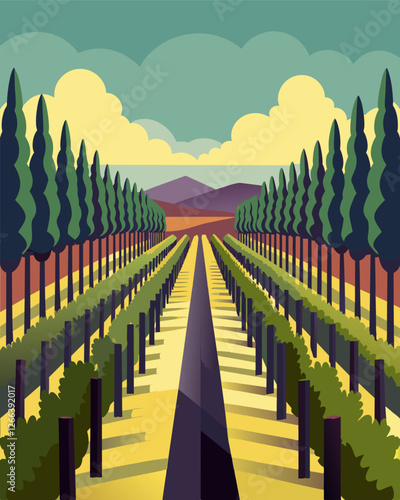 With rows of gvines stretching out as far as the eye can see its hard to believe that this serene setting is also a place of business.. Vector illustration