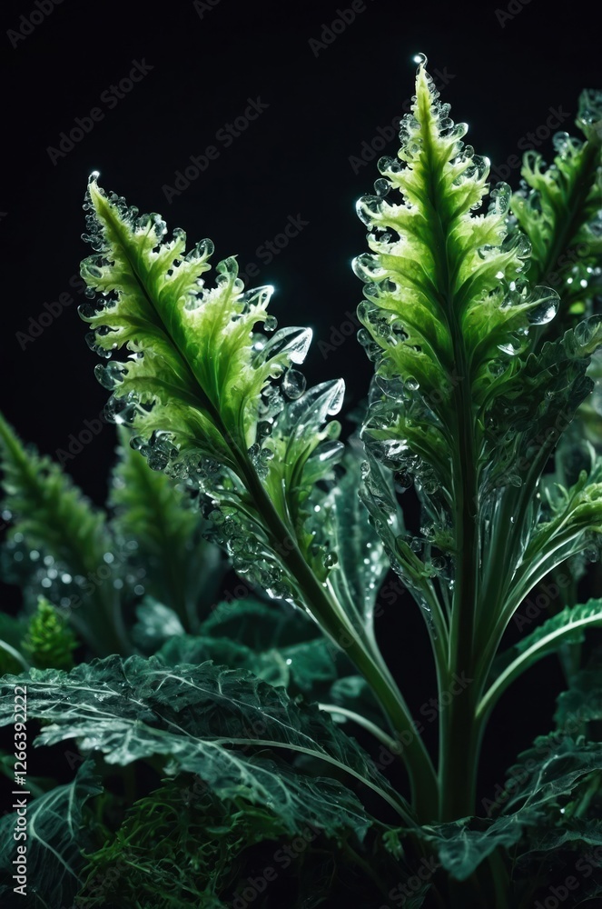 Close-up of vibrant green plant leaves with water droplets, showcasing nature's beauty. Close-up of vibrant green plant leaves with water droplets, showcasing nature's beauty.
