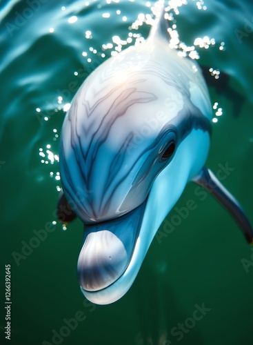 an image of a dolphin with a smile on its face, there is a dolphin that is smiling and swimming in the water photo