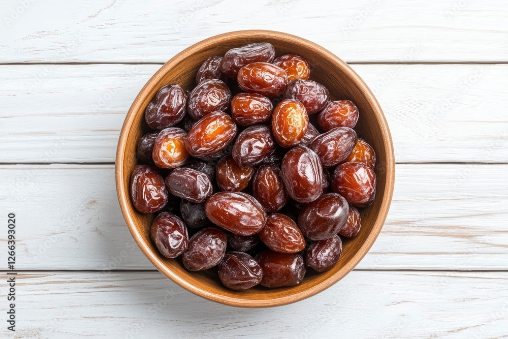 Fototapeta premium Date bowl on white wooden background. Top view. with generative ai