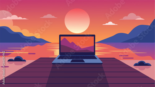 With the backdrop of a vibrant sunset a laptop rests on a creaky dock its user enjoying the best of both worlds nature and technology.. Vector illustration